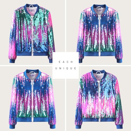 WELAKEN Ombre Sequin Bomber Jacket for Girls II Kid & Toddler Lightweight Sparkle Long Sleeve Zipper Gradient Jackets with Pockets - Image 5
