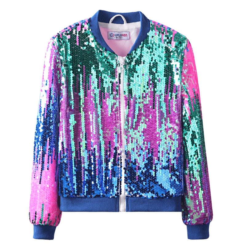 WELAKEN Ombre Sequin Bomber Jacket for Girls II Kid & Toddler Lightweight Sparkle Long Sleeve Zipper Gradient Jackets with Pockets - Image 2