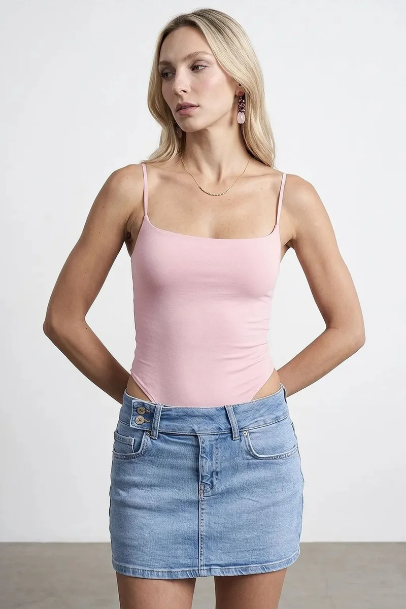 Dilvin Blush Pink DILVIN Sleeveless Square-neck Nylon Bodysuit for Women | Best Price UAE
