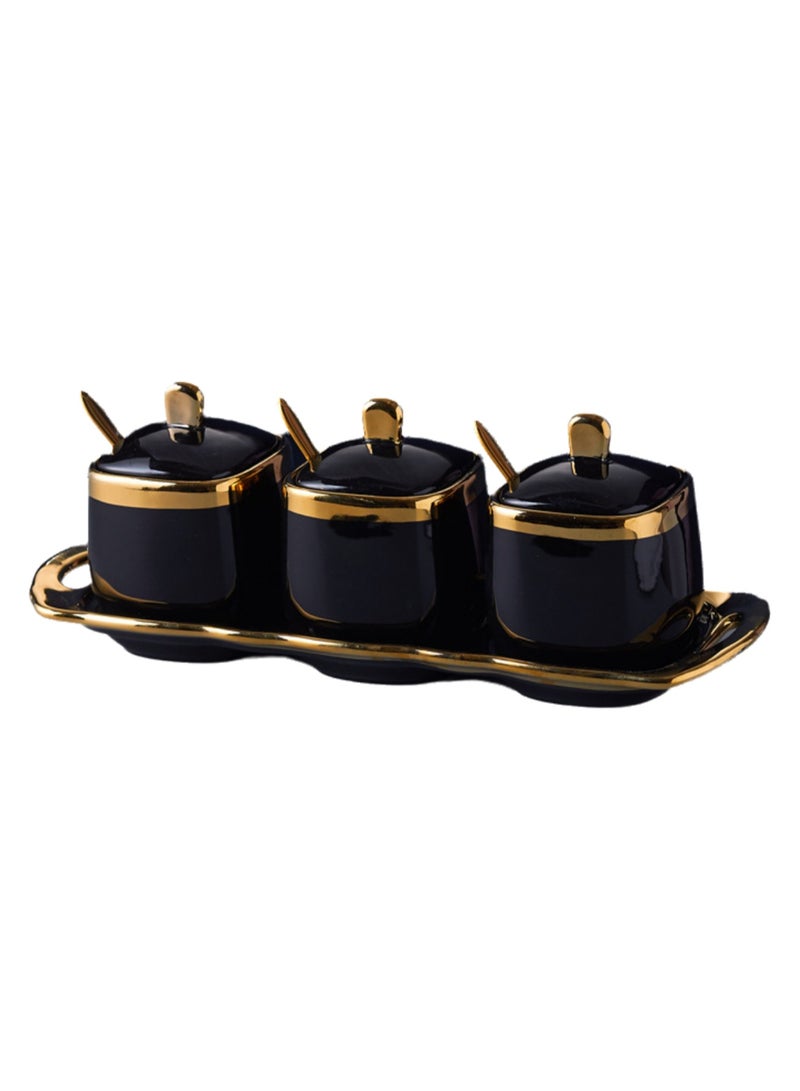 Light Luxury Gold Frame Ceramic Spice Jar Kitchen Supplies Spice Jar Set Household Seasoning Box Three-piece Set (Black)  - Image 1