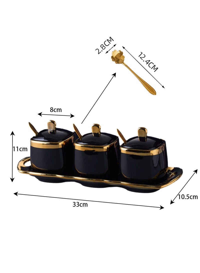 Light Luxury Gold Frame Ceramic Spice Jar Kitchen Supplies Spice Jar Set Household Seasoning Box Three-piece Set (Black)  - Image 2