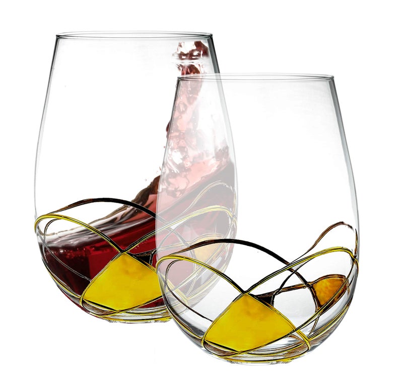 Bezrat Stemless Wine Glasses Set of Two  Hand Painted Large Premium Red and White Wine glasses  LeadFree Crystal  Essential Wine Gift  18 Ounces Gold