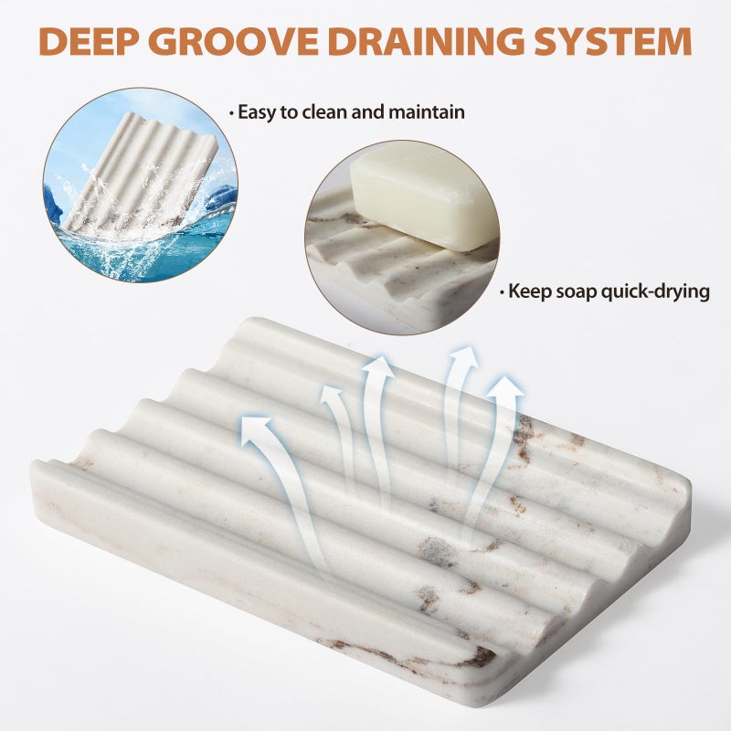 Koville 2PCS Koville Italian Natural Marble Soap Dish for Shower, Multi-Color Stone Soap Tray for Bathroom, Bar Soap Holder for Sink, Stripe Grooves Soap Saver Sponge Holder (White/Brown Random) - Image 5