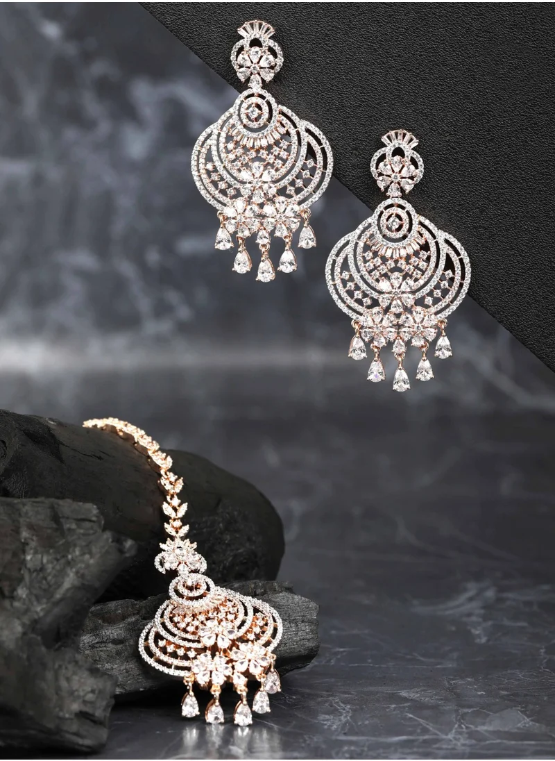 Priyaasi Rose AD Studded Handcrafted Maang Tika And Earrings Set