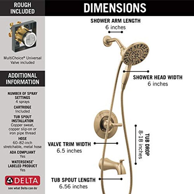 Delta Arvo 14 Series Brushed Gold Bathtub Shower Faucet Set With In2Ition 2-In-1 Dual Shower Head With Handheld Spray Combo, Valve Trim Kit, Champagne Bronze 144840-Cz-I (Valve Included) - Image 3