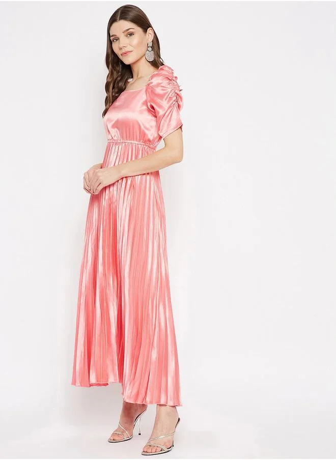 U&F Satin Pleated A-Line Maxi Dress with Ruched Sleeves by Styli