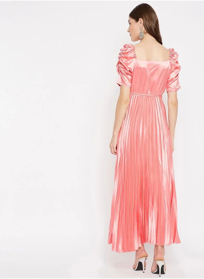 U&F Satin Pleated A-Line Maxi Dress with Ruched Sleeves by Styli
