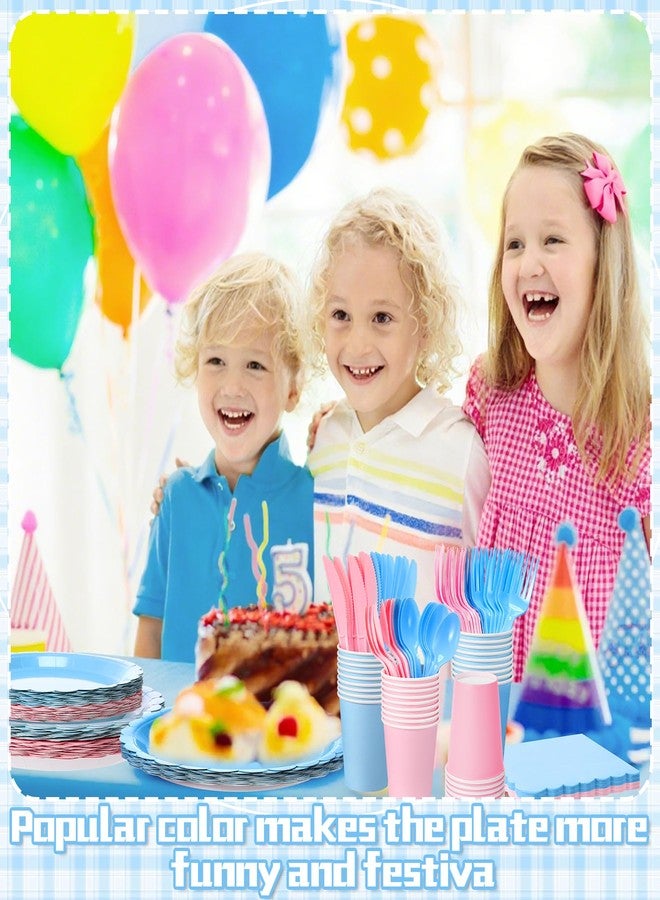 Tegeme تجيمي 256 قطعة لوازم حفلة كشف الجنس باللونين الوردي والأزرق أطباق ورقية مناديل أكواب مفرش طاولة قابل للتصرف شوك سكاكين ملاعق لخدمة 36 ضيف في عيد الميلاد أو حفلة استقبال المولود أو زينة الزفاف بحافة زهرية - Image 2