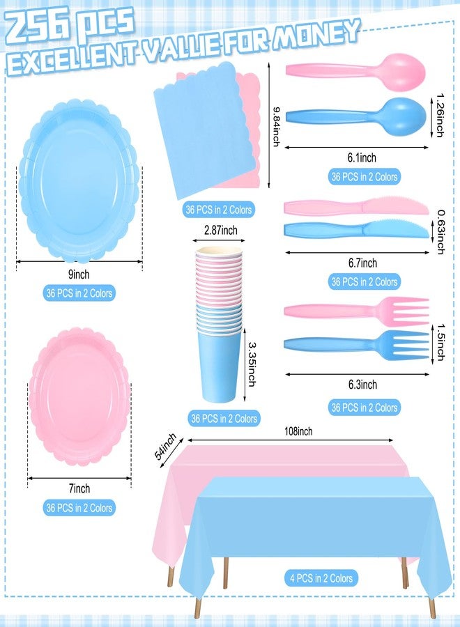Tegeme تجيمي 256 قطعة لوازم حفلة كشف الجنس باللونين الوردي والأزرق أطباق ورقية مناديل أكواب مفرش طاولة قابل للتصرف شوك سكاكين ملاعق لخدمة 36 ضيف في عيد الميلاد أو حفلة استقبال المولود أو زينة الزفاف بحافة زهرية - Image 5