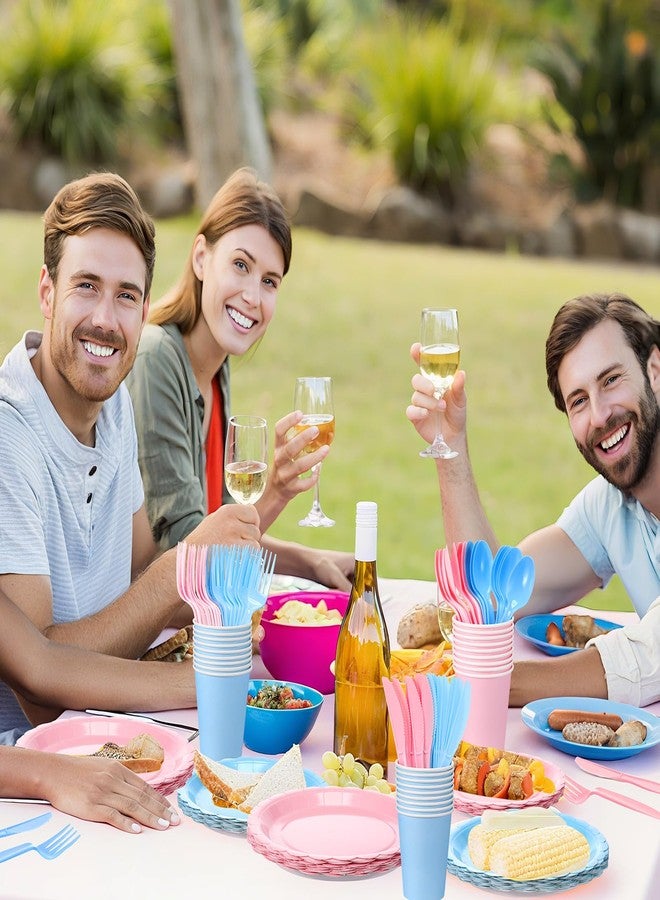 Tegeme تجيمي 256 قطعة لوازم حفلة كشف الجنس باللونين الوردي والأزرق أطباق ورقية مناديل أكواب مفرش طاولة قابل للتصرف شوك سكاكين ملاعق لخدمة 36 ضيف في عيد الميلاد أو حفلة استقبال المولود أو زينة الزفاف بحافة زهرية - Image 3