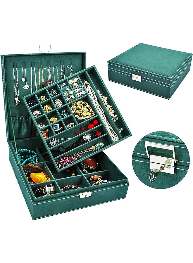 PROMASS Cosmetic Case, Jewelry Box for Women [Jewelry Organizer] [Makeup Organizer] Two-Layer Jewelry Box Organize Jewelry Box with Lock Jewelry Holder (Green-C) [necklace organiser] - Image 1