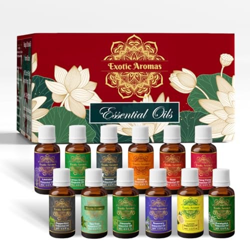 Exotic Aromas Essential Oil Lavender Rose Rosemary Orange Jasmine YlangYlang Tea Tree Eucalyptus Lemongrass Peppermint Lemon Citronella Pack of 12 - Image 1