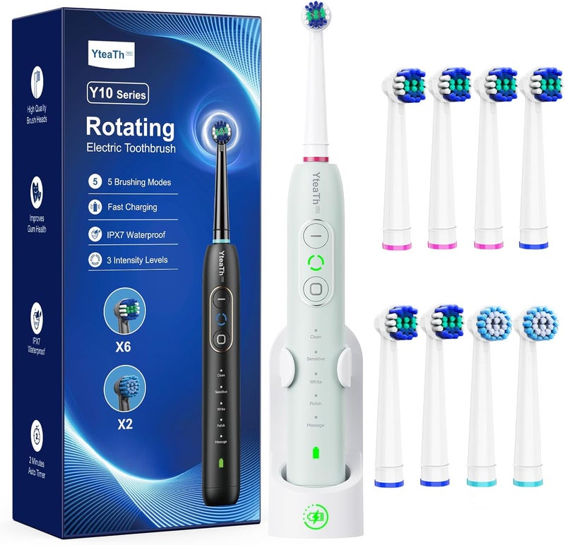 YTEATH PRO Electric Toothbrush Rotating for Adults and Kids, 8 Heads, 3 Intensities, 5 Modes, Rotating Toothbrushes with Smart Timer for 2 Minutes (Green) - Image 1