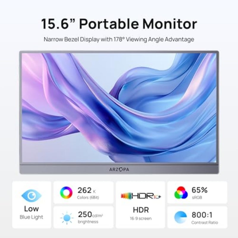 شاشة محمولة 15.6 بوصة FHD 1080P - شاشة كمبيوتر محمول محمولة رفيعة للغاية مع مسند - شاشة IPS لأجهزة الكمبيوتر الشخصية، ماك، الهاتف، إكس بوكس، PS5 - اتصال USB C HDMI - A1 رمادي - Image 2