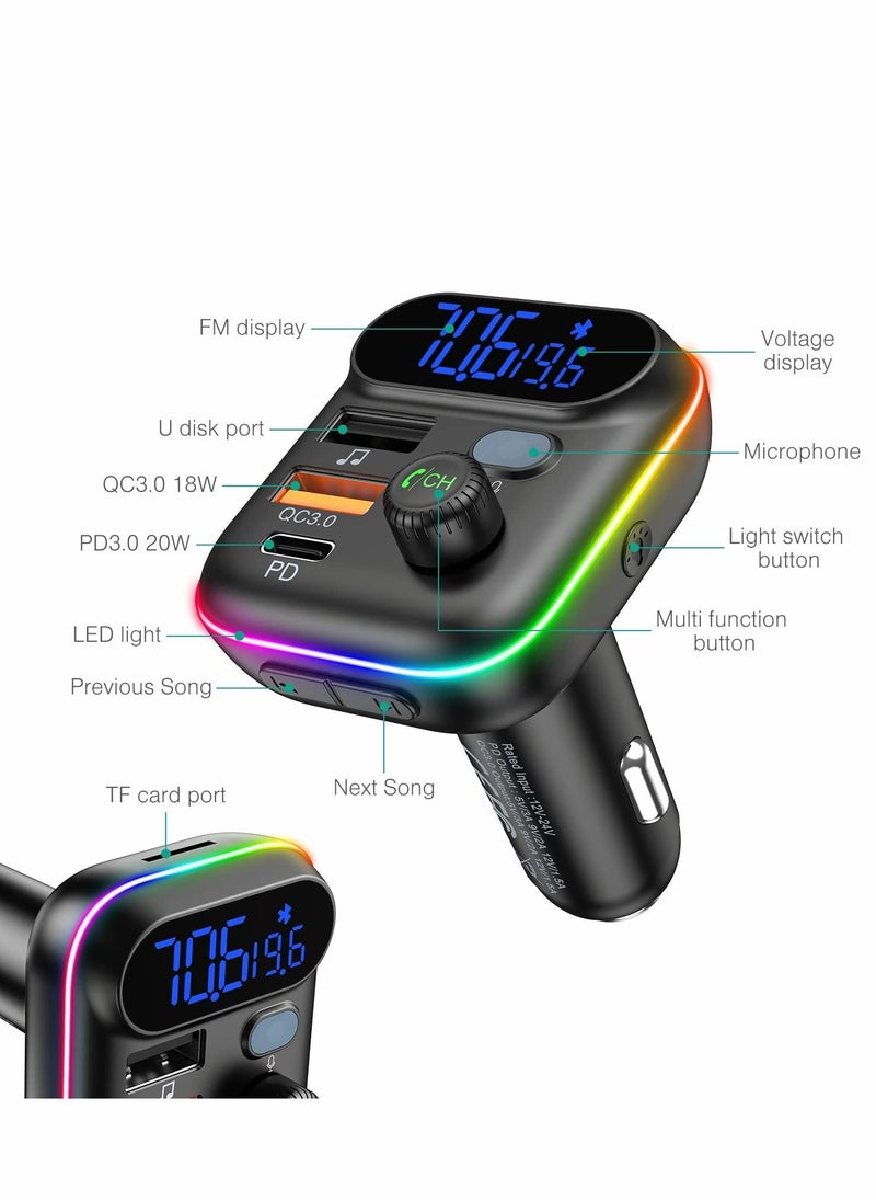 Y&D - Bluetooth V5.0 FM Transmitter for Car QC3.0 Fast Charging RGB Rainbow Flow LED Backlit - Image 1