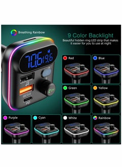 Y&D Bluetooth V5.0 FM Transmitter for Car QC3.0 Fast Charging RGB Rainbow Flow LED Backlit  - Image 3