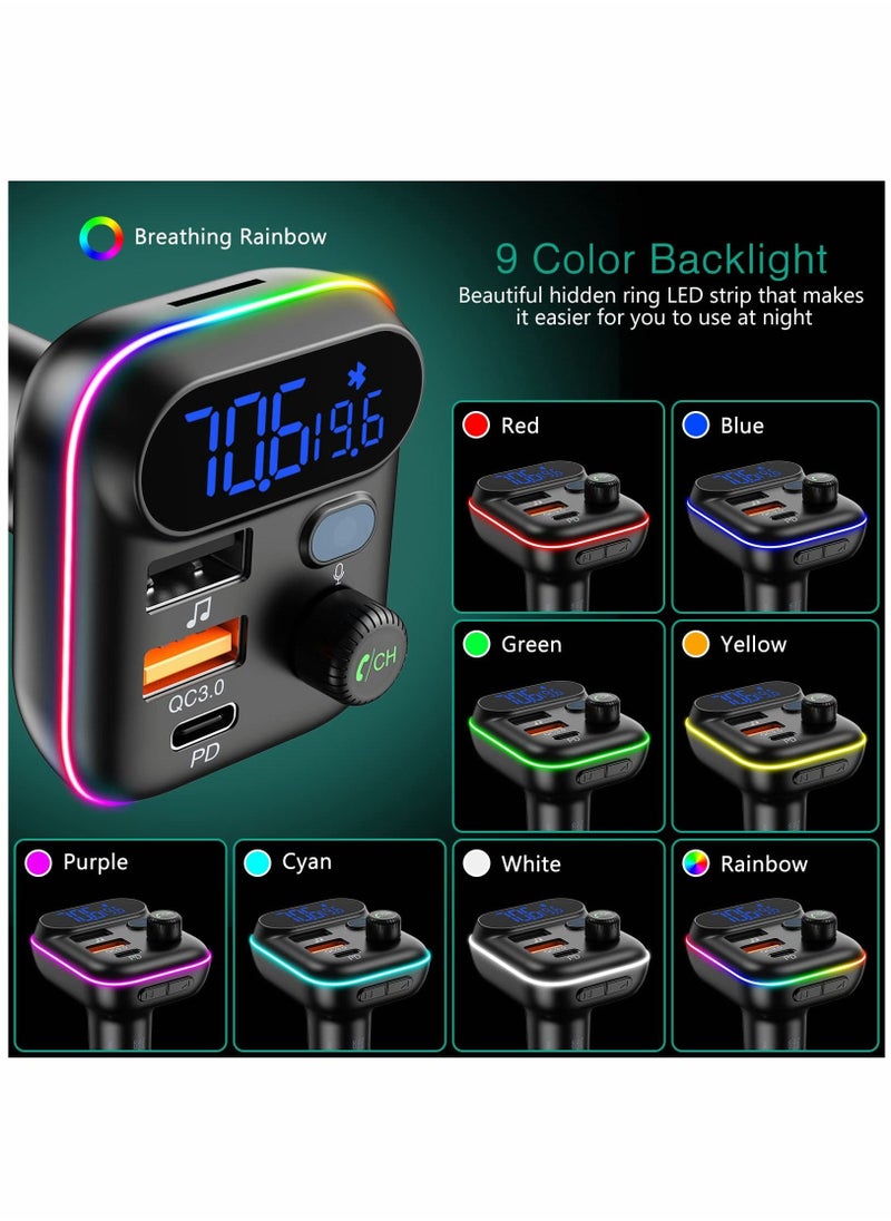 Y&D - Bluetooth V5.0 FM Transmitter for Car QC3.0 Fast Charging RGB Rainbow Flow LED Backlit - Image 1
