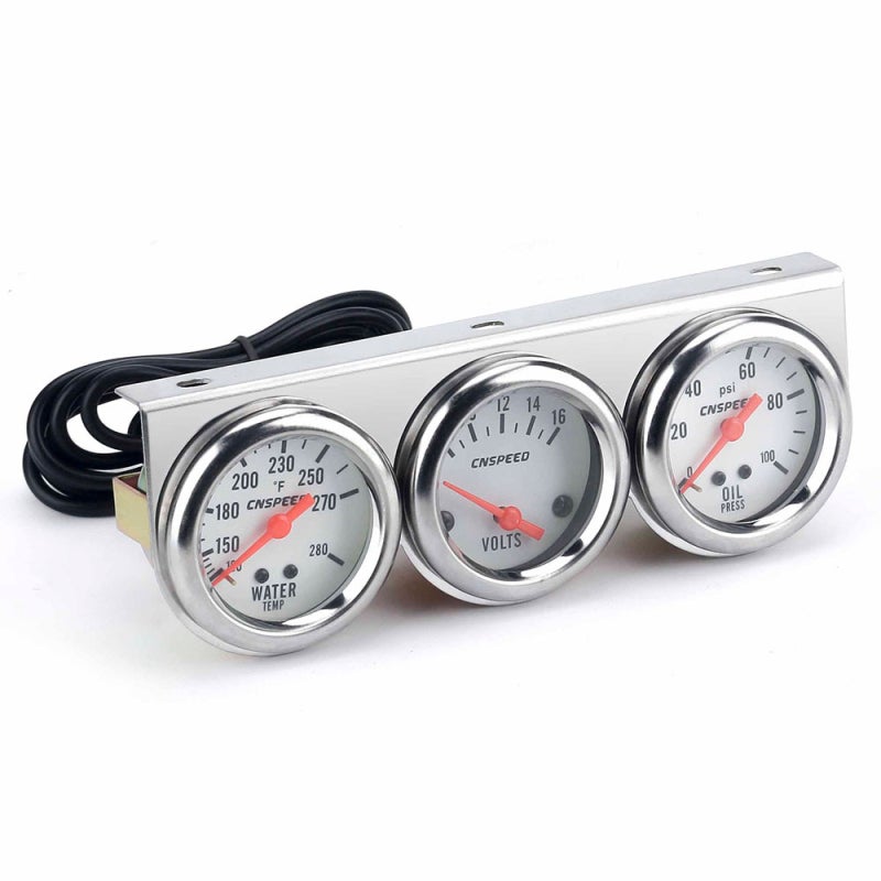 Triple 3 Gauge Set: 2'' 52mm Illuminated White Face Dial Gauges - Universal Chrome Mechanical Kit for Vehicle Engine Monitoring - Image 1