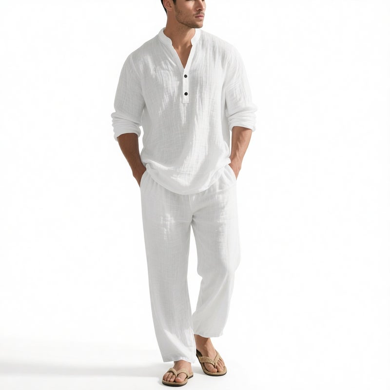 Men's Linen V-Neck Henley Shirt and Long Pants Casual Lounge Set