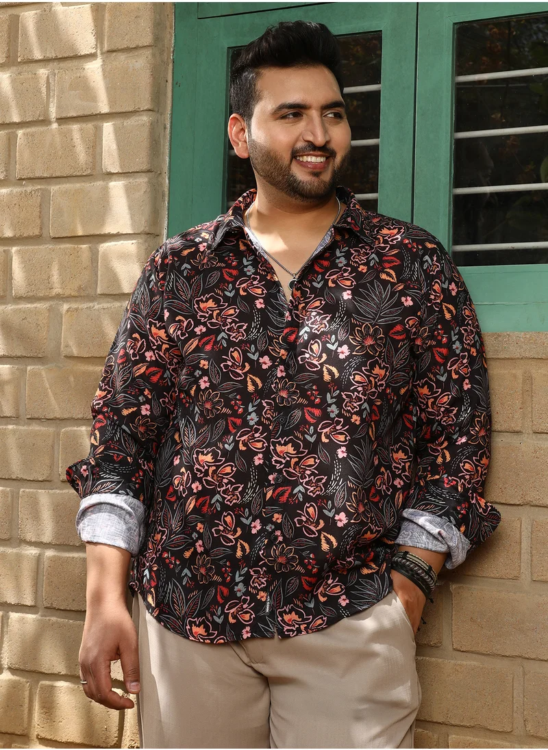 انستافاب بلس Instafab Plus Men's Onyx Black Botanical Folklore Shirt For Casual Wear | Spread Collar | Long Cuffed Sleeves | Button Closure | Plus Size Shirt Crafted With Comfort Fit For Everyday Wear