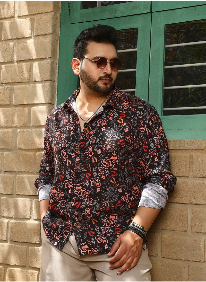 انستافاب بلس Instafab Plus Men's Onyx Black Botanical Folklore Shirt For Casual Wear | Spread Collar | Long Cuffed Sleeves | Button Closure | Plus Size Shirt Crafted With Comfort Fit For Everyday Wear