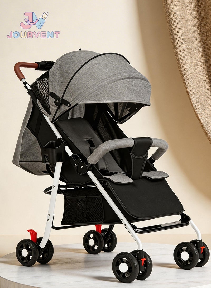 Jourvent Lightweight Travel Stroller, Foldable Baby Stroller With Large Storage Basket, Multi-Position Recline, Convenient One-hand Fold, Comfortable & Lay Flat (Grey) - Image 1