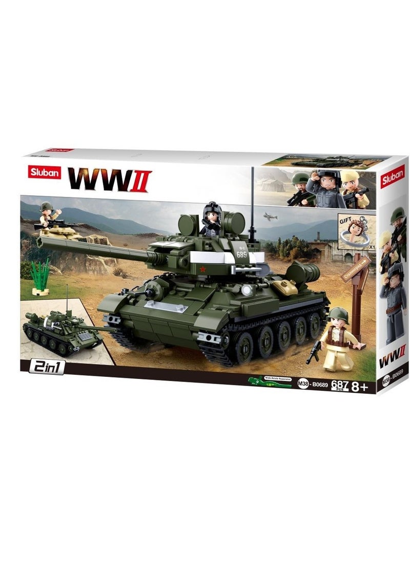 Sluban - Sluban - WWII Army T-34 Medium WW2 Tank with Mini Figures Bricks Set 687 Pieces - M38-B0689 - Image 1