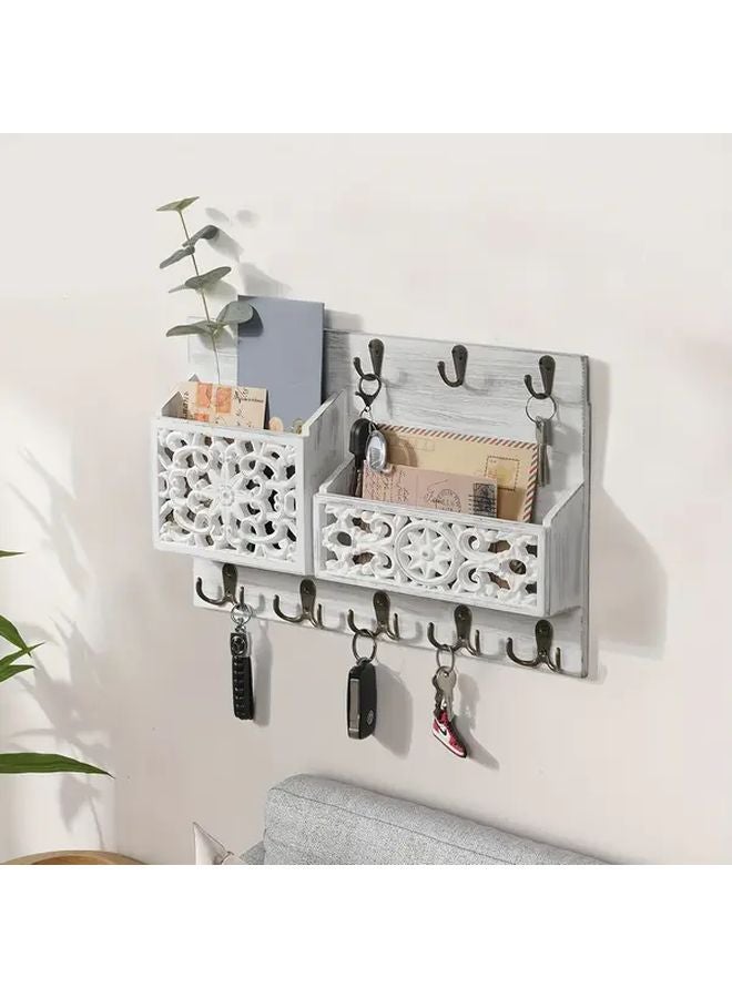 White Rustic Farmhouse Wooden Key Holder with 13 Hooks Wall Mounted Organizer - Image 5