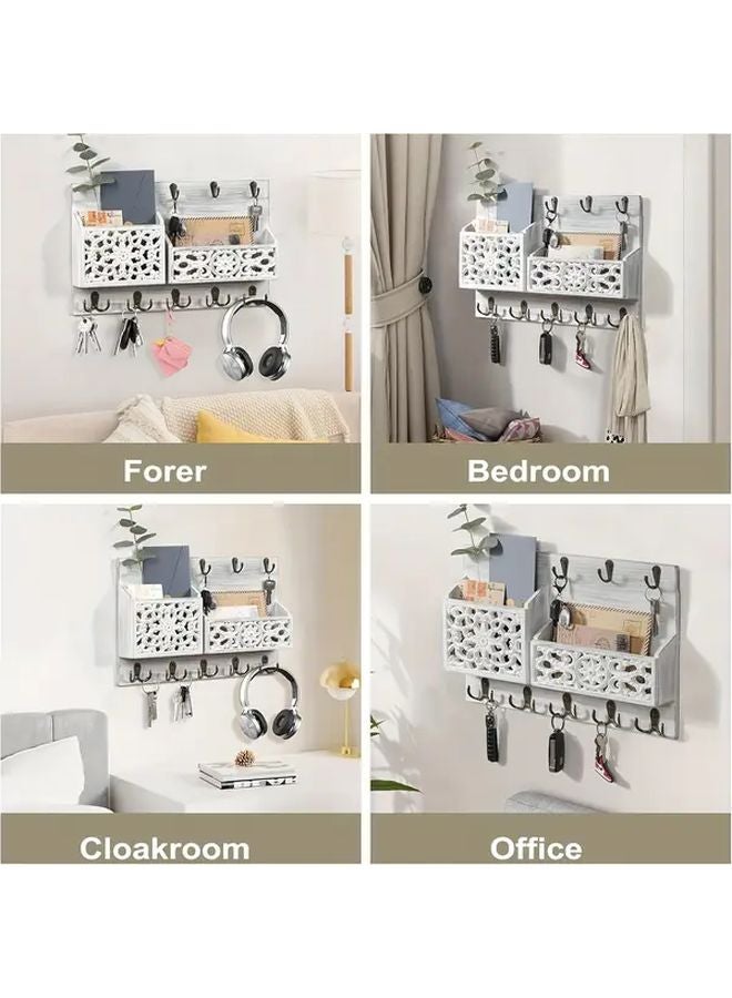 White Rustic Farmhouse Wooden Key Holder with 13 Hooks Wall Mounted Organizer - Image 4