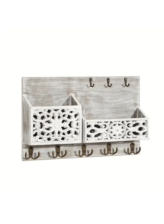 White Rustic Farmhouse Wooden Key Holder with 13 Hooks Wall Mounted Organizer - Image 1