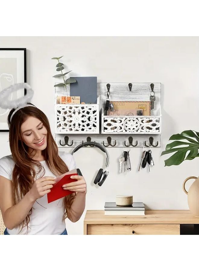 White Rustic Farmhouse Wooden Key Holder with 13 Hooks Wall Mounted Organizer - Image 3