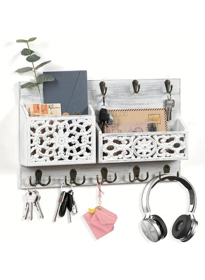 White Rustic Farmhouse Wooden Key Holder with 13 Hooks Wall Mounted Organizer - Image 2