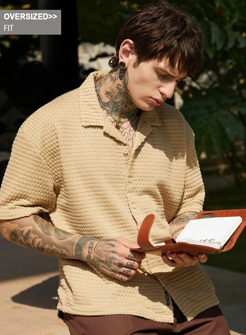 كامبوس سوترا Men's Buff Beige Oval-Tactile Knit Oversized Shirt