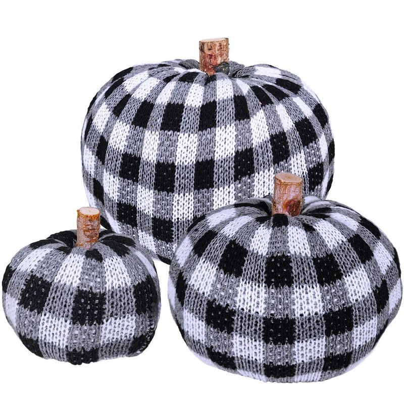 Winlyn 3 Pcs Assorted Crochet Pumpkins Plaid Pumpkins Gingham Buffalo Check Knit Pumpkins Fall Thanksgiving Halloween Seasonal Holiday Farmhouse Tabletop Decoration  - Image 1