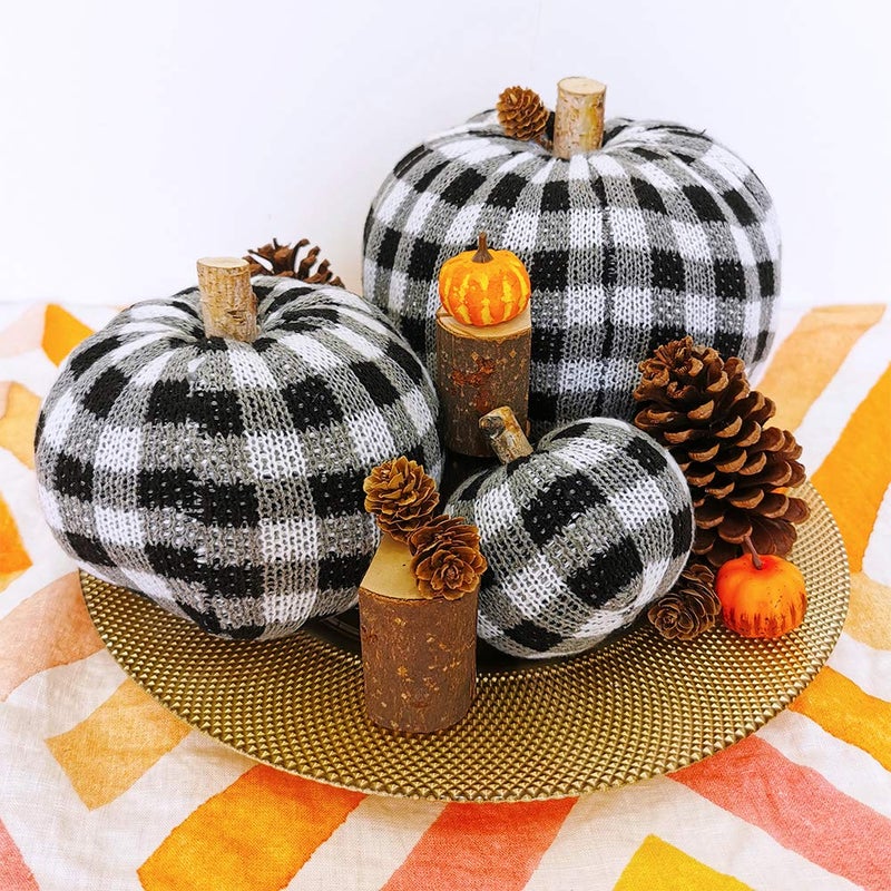 Winlyn 3 Pcs Assorted Crochet Pumpkins Plaid Pumpkins Gingham Buffalo Check Knit Pumpkins Fall Thanksgiving Halloween Seasonal Holiday Farmhouse Tabletop Decoration  - Image 5