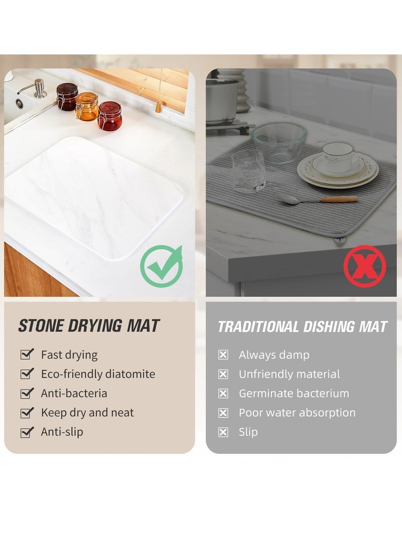 Excefore حصيرة تجفيف صحون حجرية لسطح المطبخ، 2 قطعة حصيرة تجفيف حجرية لسطح الدجاج، غير قابلة للانزلاق، تجفيف سريع، حصيرة صديقة للبيئة من الطين الدياتومي، للزجاجات، الأكواب، الأواني الزجاجية (40x30 سم، رخام أبيض) - Image 3