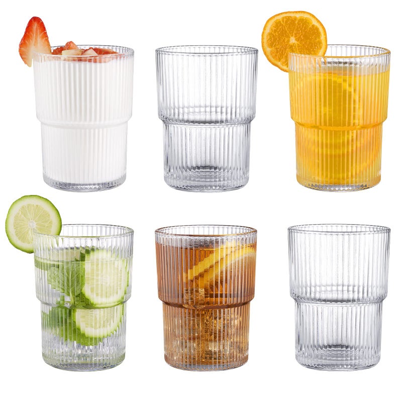 jaexest 6 PCS Ribbed Drinking Glasses, 14Oz Stackable Glass Cup Set, Clear Textured Glassware for Kitchen, Bar, Juice & Cold Drinks - Image 1