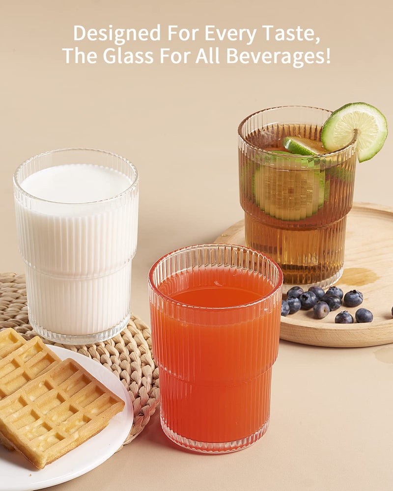jaexest 6 PCS Ribbed Drinking Glasses, 14Oz Stackable Glass Cup Set, Clear Textured Glassware for Kitchen, Bar, Juice & Cold Drinks - Image 5