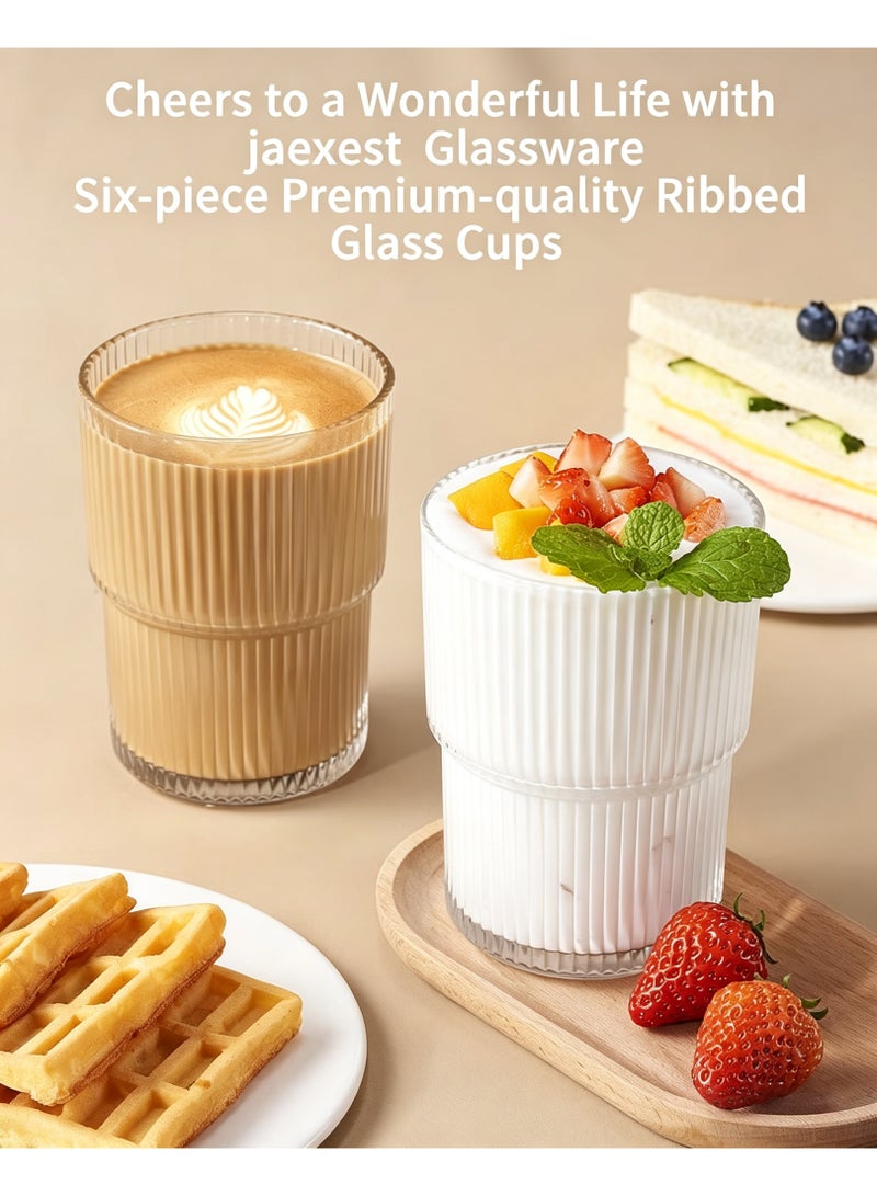jaexest 6 PCS Ribbed Drinking Glasses, 14Oz Stackable Glass Cup Set, Clear Textured Glassware for Kitchen, Bar, Juice & Cold Drinks - Image 3