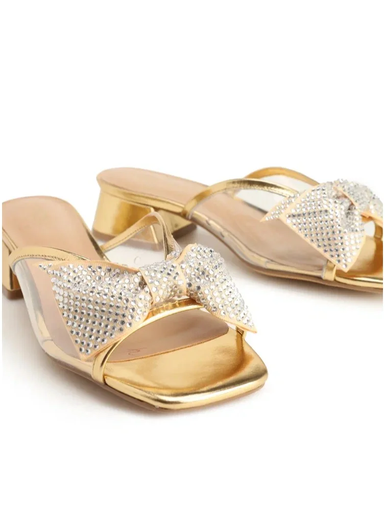La Giostra Women's Leather Heeled Sandal Decoration With Rhinestones Gold
