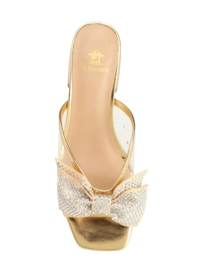 La Giostra Women's Leather Heeled Sandal Decoration With Rhinestones Gold