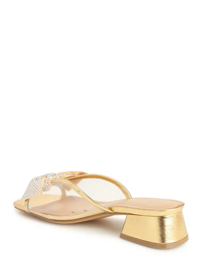 La Giostra Women's Leather Heeled Sandal Decoration With Rhinestones Gold
