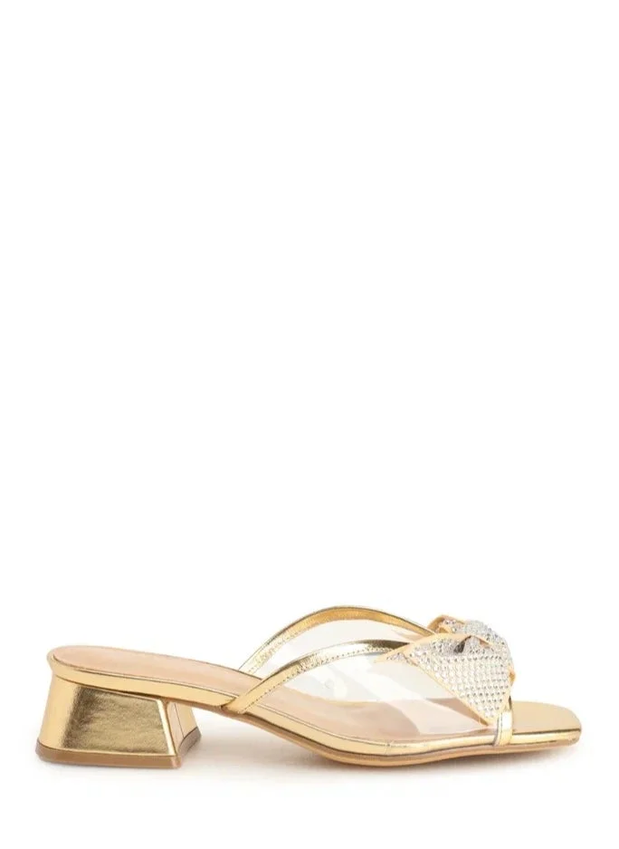 La Giostra Women's Leather Heeled Sandal Decoration With Rhinestones Gold