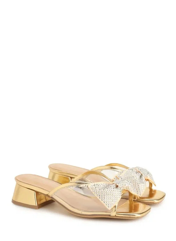 La Giostra Women's Leather Heeled Sandal Decoration With Rhinestones Gold