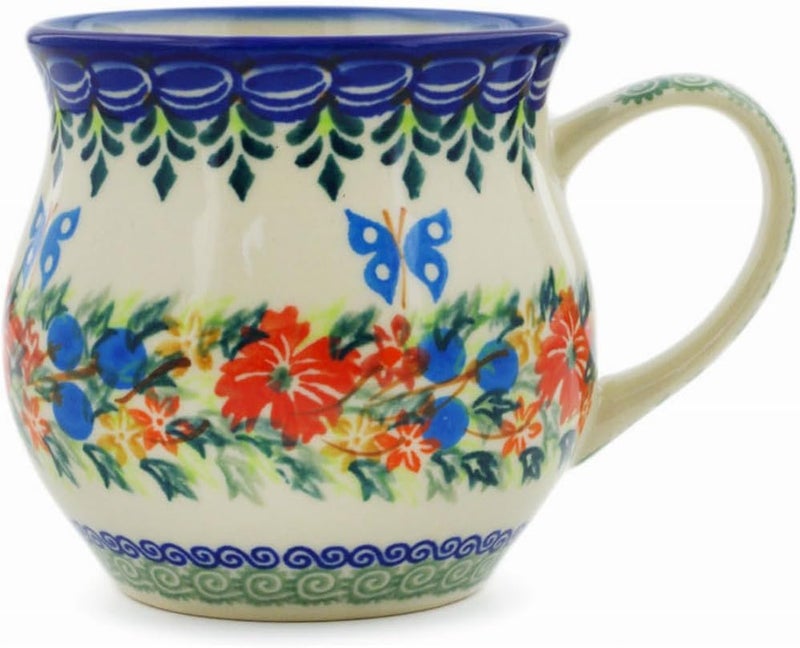 Polmedia Polish Pottery فنجان فقاعات خزف بولندي أصلي سعة 13 أونصة تصميم حلقة الزهور مصنوع يدويًا في بولسوافيا بولندا بواسطة سيراميكا بونا شهادة الأصالة - Image 1