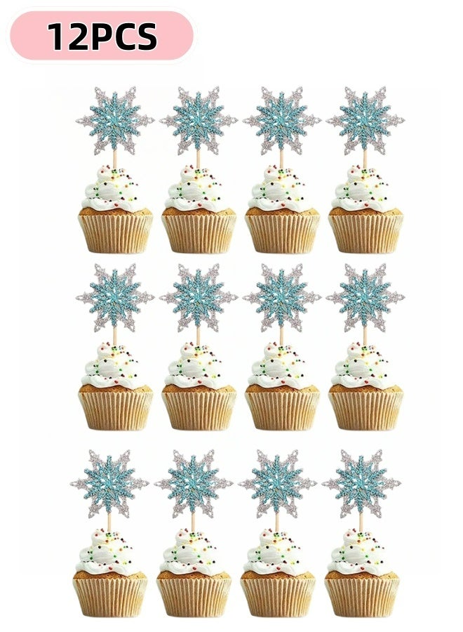مجموعة تزيين كعكة ندفة الثلج المجمدة، 12 قطعة، طبقتان، فضي وأزرق، زينة كب كيك شتوية، مثالية لأعياد ميلاد الأطفال وحفلات استقبال المولود. - Image 1