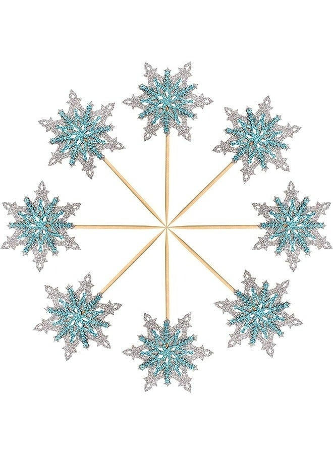 مجموعة تزيين كعكة ندفة الثلج المجمدة، 12 قطعة، طبقتان، فضي وأزرق، زينة كب كيك شتوية، مثالية لأعياد ميلاد الأطفال وحفلات استقبال المولود. - Image 2