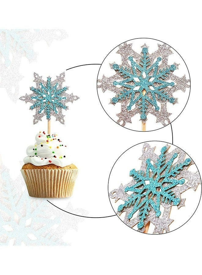 مجموعة تزيين كعكة ندفة الثلج المجمدة، 12 قطعة، طبقتان، فضي وأزرق، زينة كب كيك شتوية، مثالية لأعياد ميلاد الأطفال وحفلات استقبال المولود. - Image 5