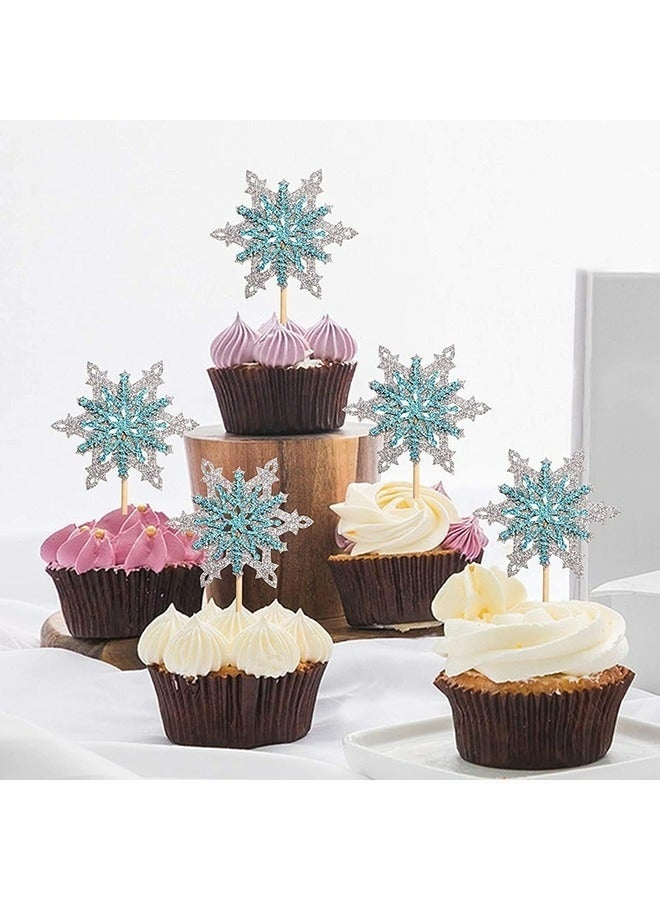 مجموعة تزيين كعكة ندفة الثلج المجمدة، 12 قطعة، طبقتان، فضي وأزرق، زينة كب كيك شتوية، مثالية لأعياد ميلاد الأطفال وحفلات استقبال المولود. - Image 4