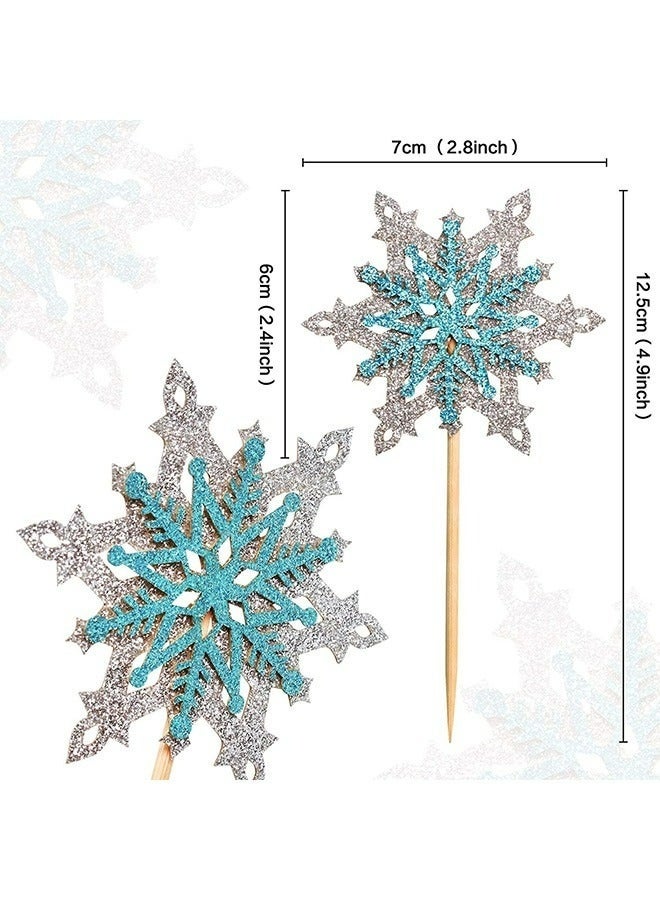 مجموعة تزيين كعكة ندفة الثلج المجمدة، 12 قطعة، طبقتان، فضي وأزرق، زينة كب كيك شتوية، مثالية لأعياد ميلاد الأطفال وحفلات استقبال المولود. - Image 3